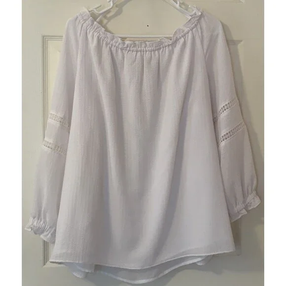 MICHAEL KORS White Cotton Short Sleeve Lace Up Eyelet Peasant Blouse Top L - Picture 2 of 8